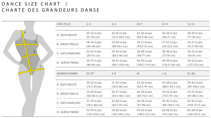 Mondor Dance Bodysuit Size Chart