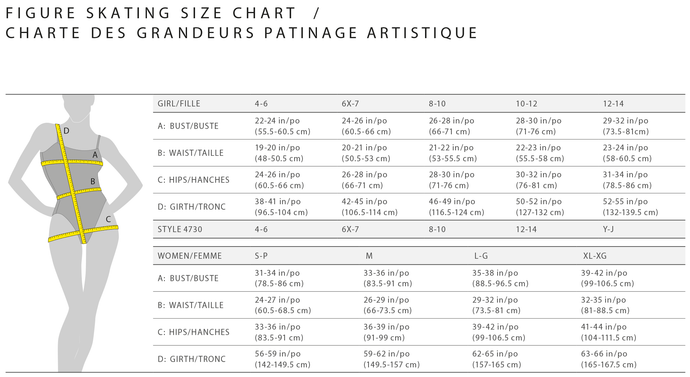 Mondor Figure Skating Bodysuit Size Chart