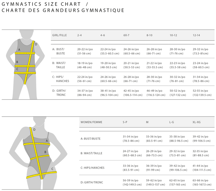 Mondor Gymnastics Bodysuits Size Chart