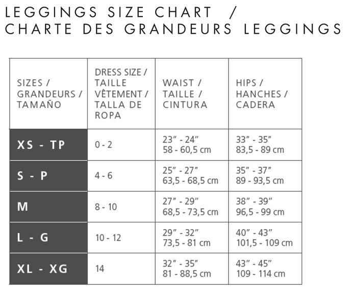 leggings sizing chart